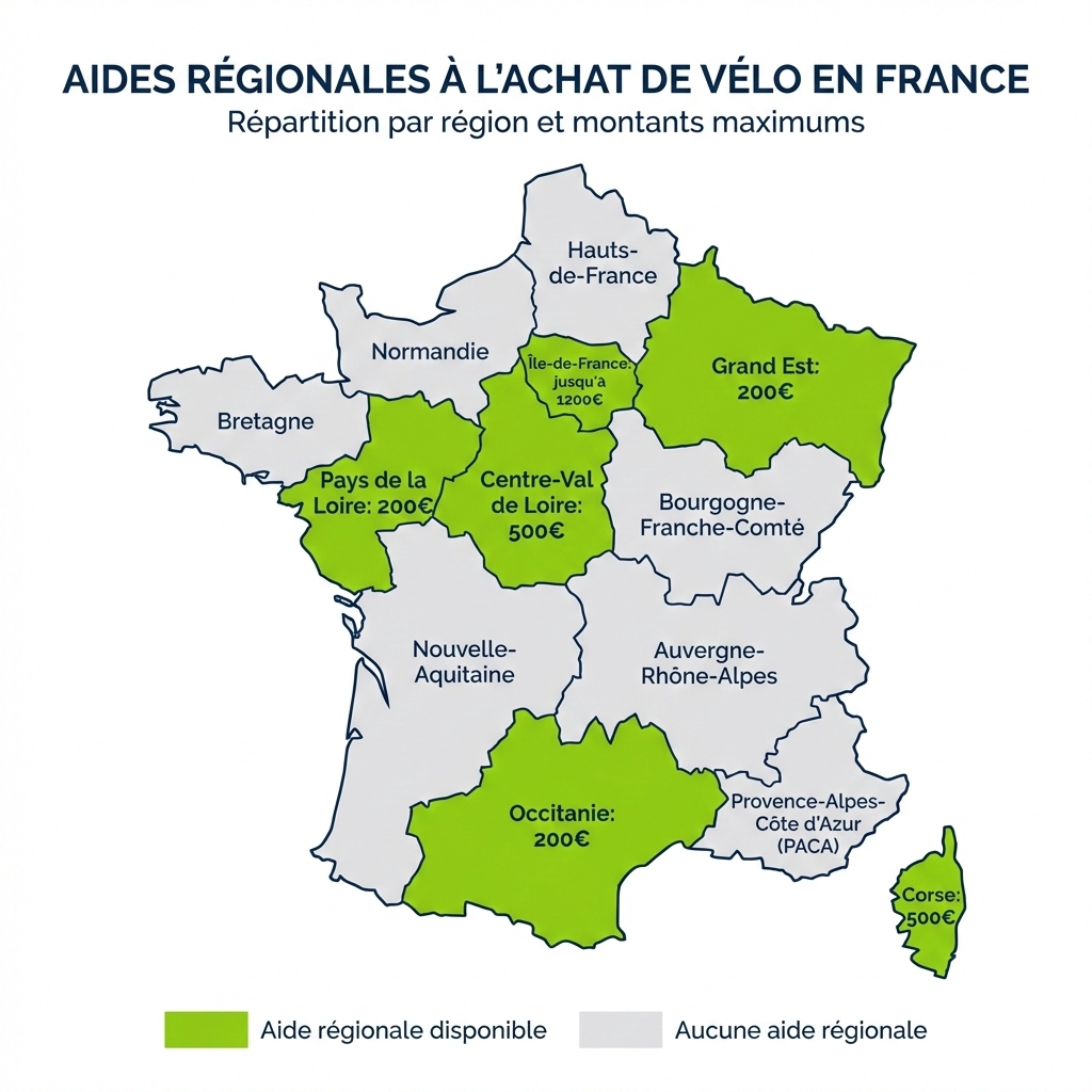 Carte des aides régionales vélo en France 2026 : Île-de-France, Occitanie, Grand Est, Corse, Centre-Val de Loire et Pays de la Loire proposent des aides