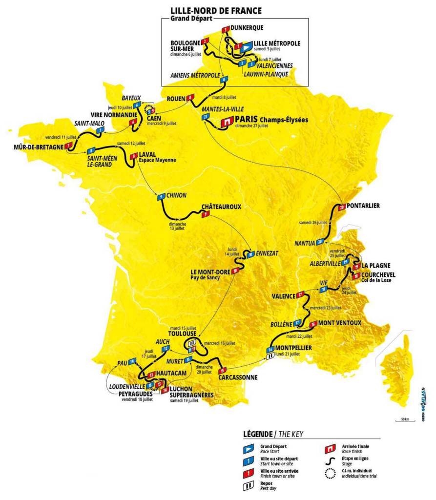 Carte du parcours du Tour de France 2025 traversant 11 régions françaises