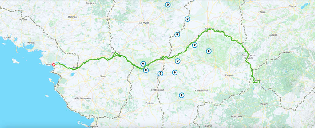 Carte complète de l'itinéraire Loire à Vélo de Cuffy à Saint-Brévin-les-Pins