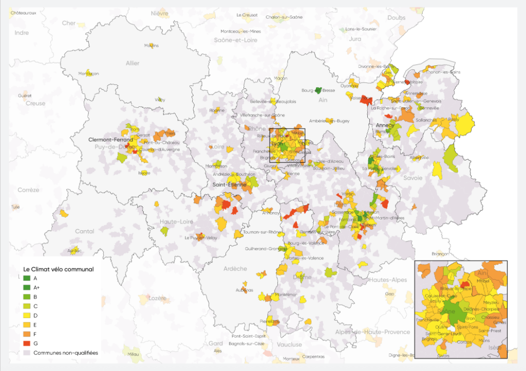 Carte du baromètres des villes cyclabes dans la région lyonnaise
