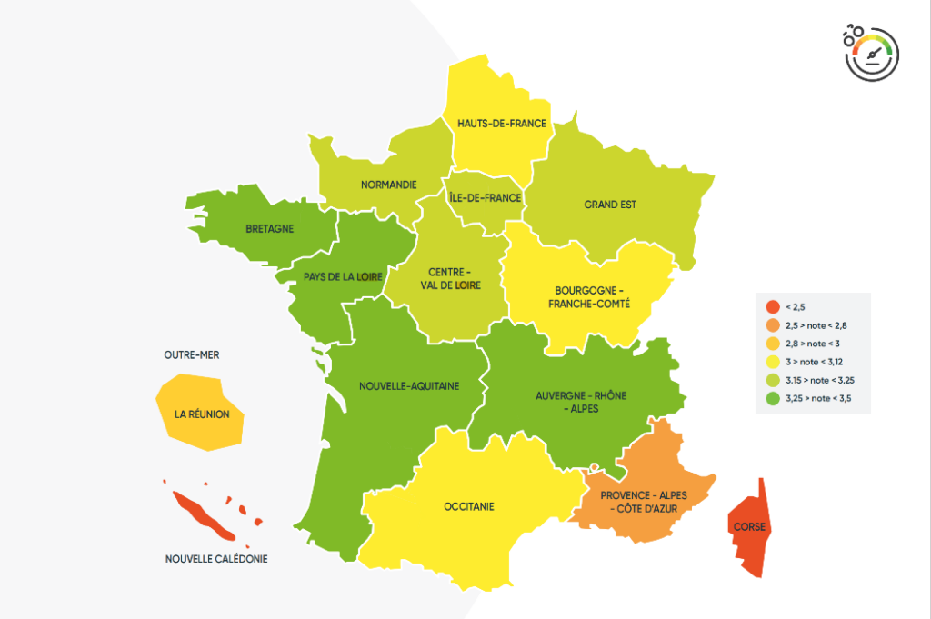 Carte des résultats du baromètre des villes cyclables 2025 par région, montrant les disparités entre façade atlantique et sud-est
