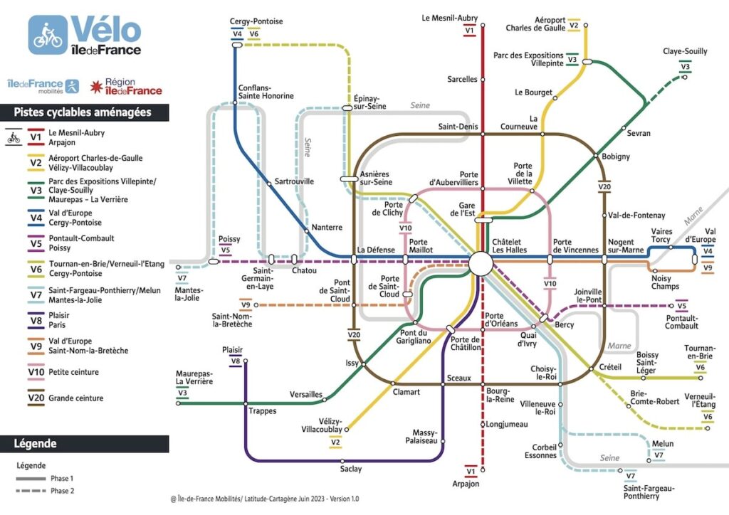 Carte du Réseau Express Vélo en Île-de-France avec les 11 lignes cyclables structurantes prévues d'ici 2030