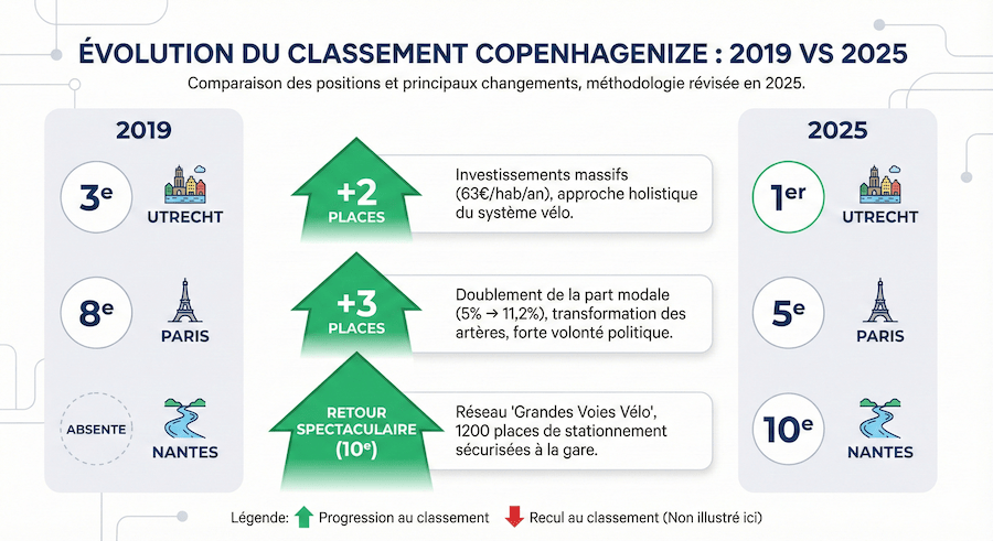 Évolution du classement Copenhagenize Index 2019-2025 pour les principales villes