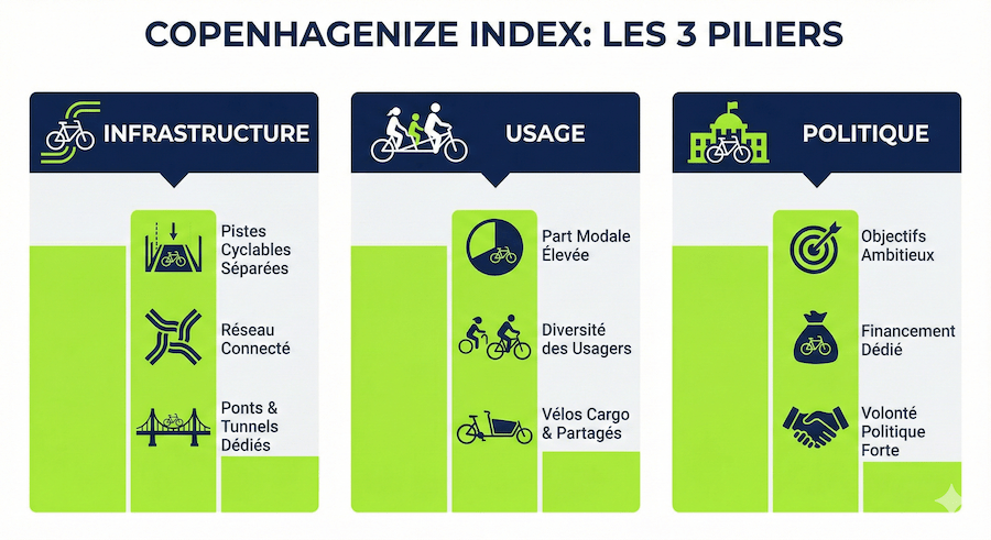 Schéma explicatif de la méthodologie du Copenhagenize Index 2025