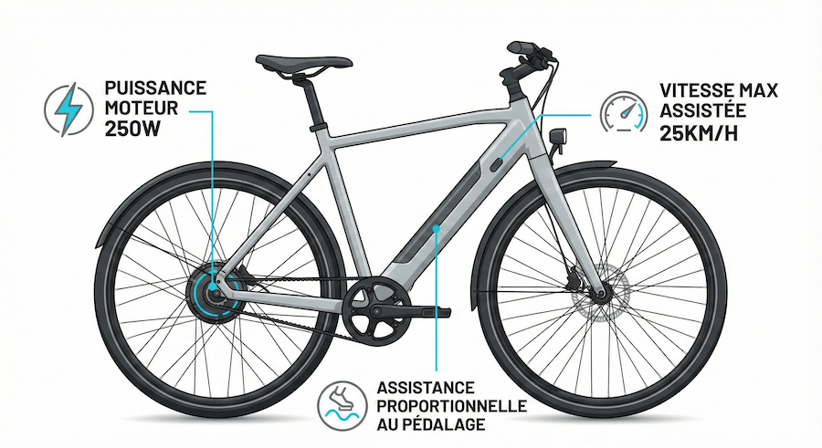 Infographie expliquant les critères réglementaires du statut EPAC pour vélos électriques