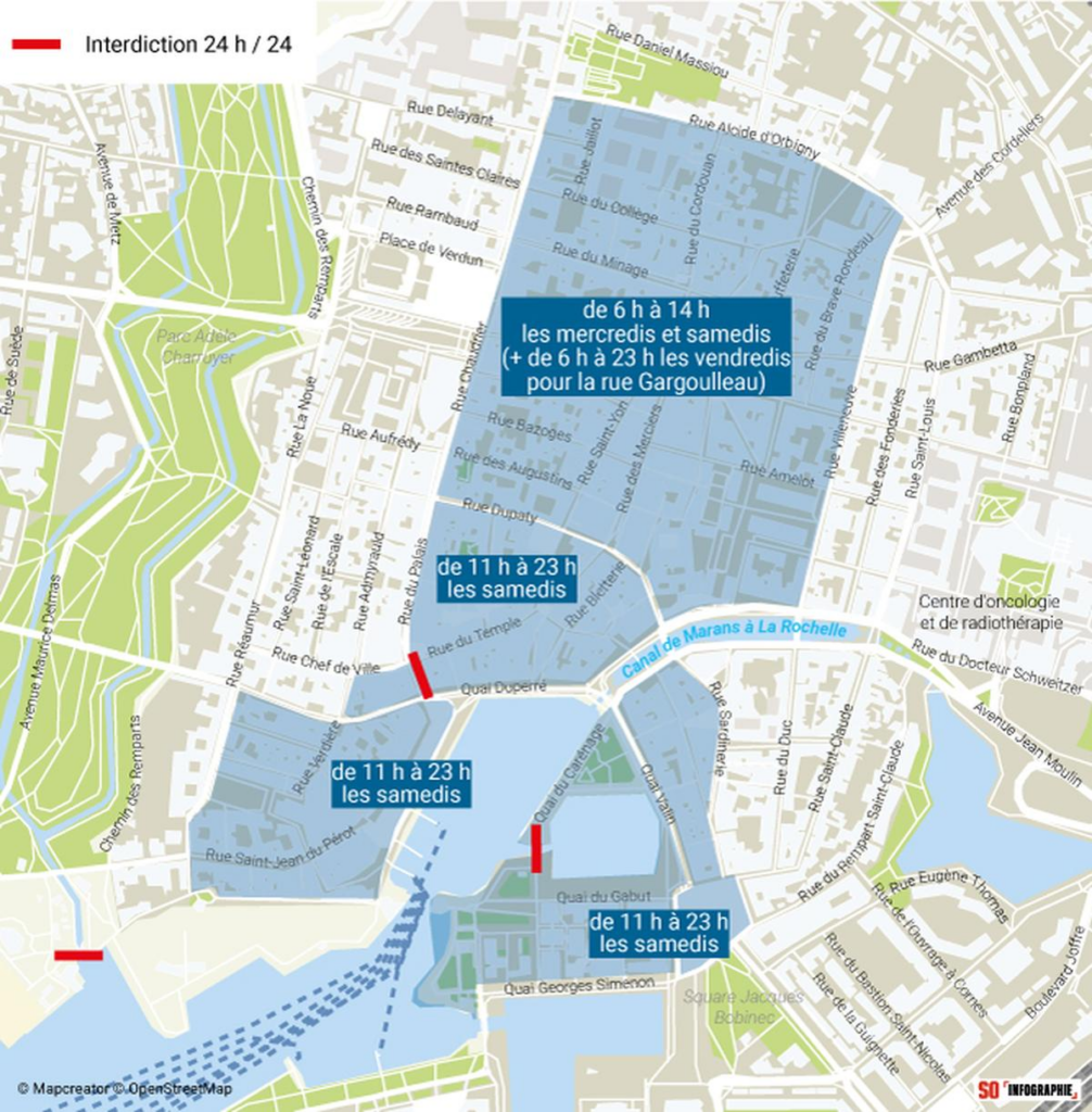 Carte zones interdiction vélo La Rochelle centre-ville horaires
