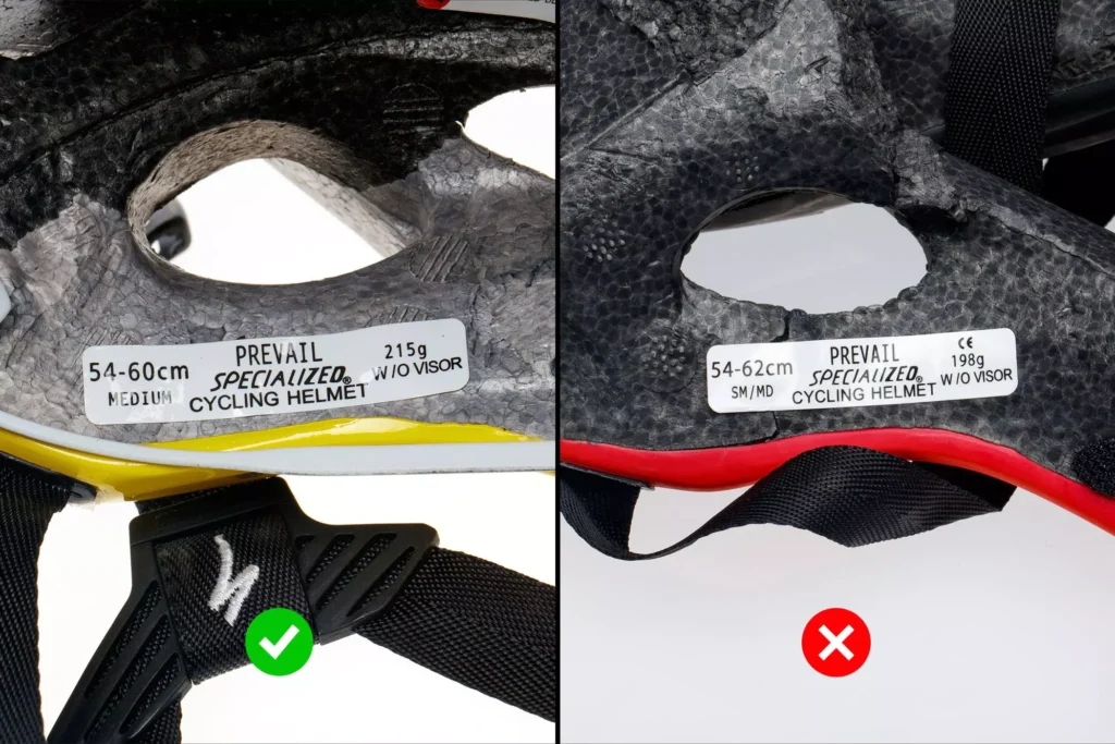 Comparaison entre casque vélo Specialized authentique avec numéro de série et contrefaçon sans marquage