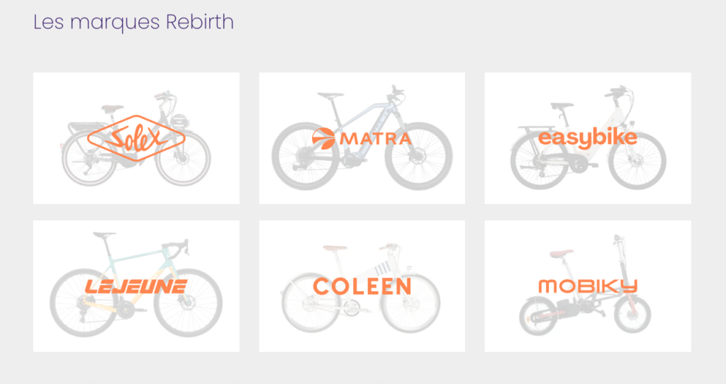 Les marques du groupe ReBirth : Peugeot Cycles, Gitane, Solex, Matra, Lejeune, Angell et Cowboy