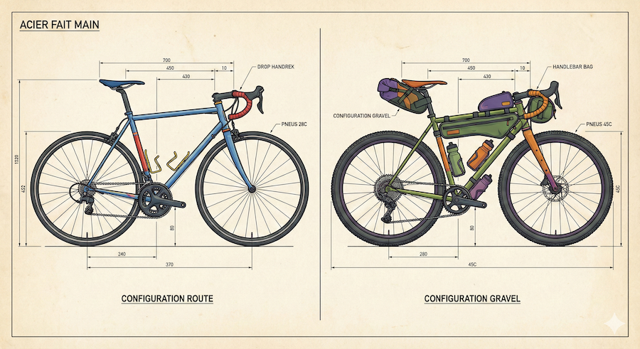 Schéma transformation vélo polyvalent route vers configuration gravel bikepacking