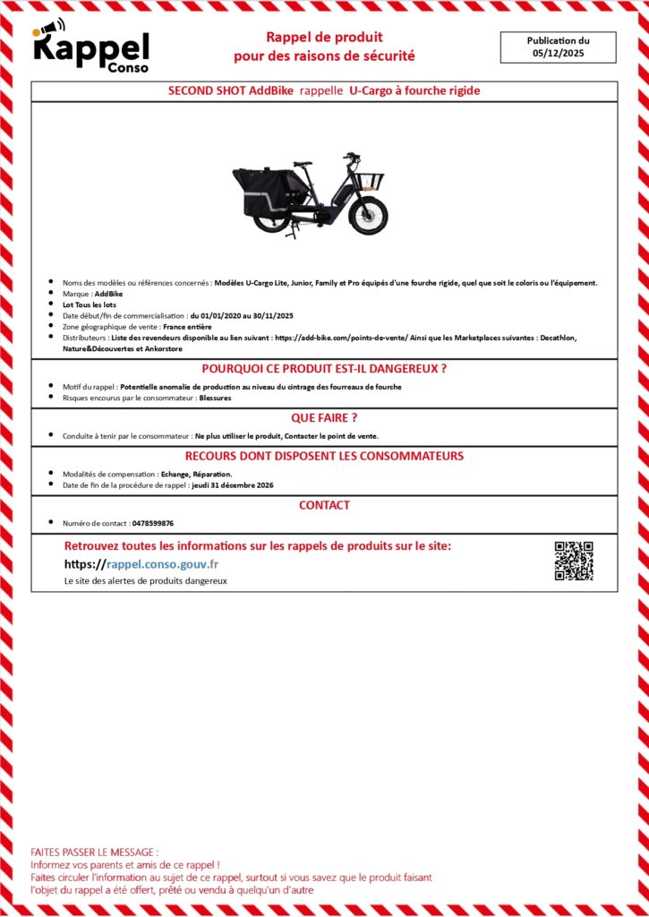 Fiche officielle rappel AddBike U-Cargo sur le site gouvernemental RappelConso