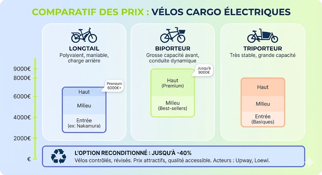Comparatif des prix des vélos cargo électriques par catégorie : longtail, biporteur et triporteur