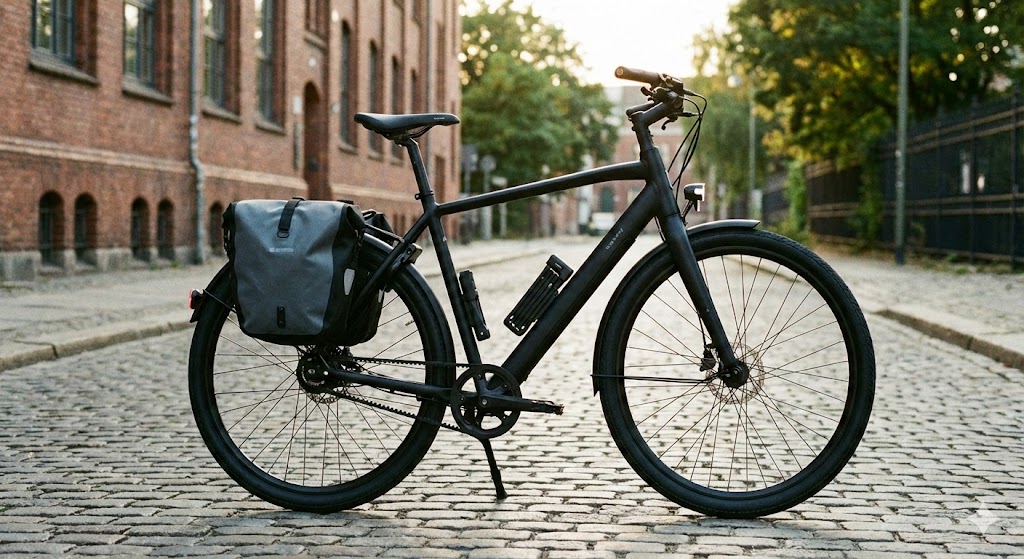 Vélo urbain entièrement équipé pour le vélotaf avec tous les accessoires