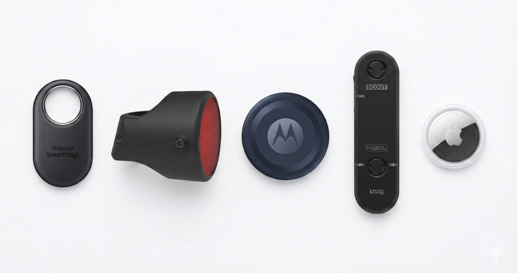 Comparatif visuel des trackers GPS vélo : Invoxia, Knog Scout, Samsung SmartTag, Apple AirTag, Motorola Moto Tag
