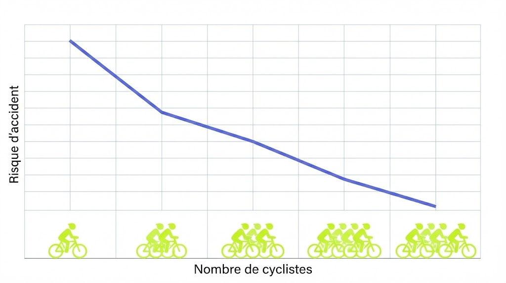Graphique effet sécurité par le nombre : corrélation entre augmentation cyclistes et baisse accidents vélo (étude Jacobsen)