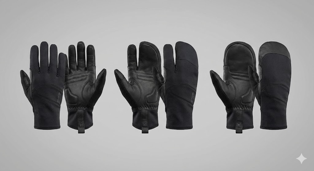Comparatif gants vélo hiver : gants classiques, lobster et moufles côte à côte