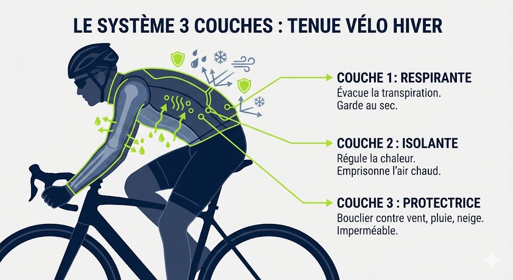 Schéma du système 3 couches pour tenue vélo hiver : respirante, isolante, protectrice