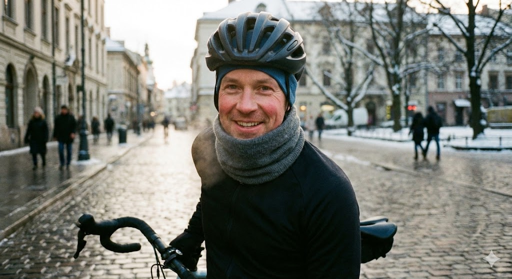 Cycliste portant bonnet sous-casque et tour de cou pour protection froid hiver