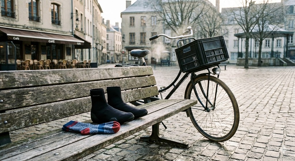Équipement hiver pour vélotafeur : couvre-chaussures et chaussettes techniques à côté d'un vélo de ville