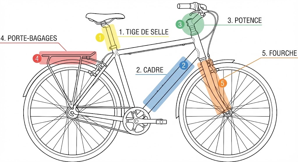 Schéma des emplacements pour cacher un tracker GPS sur un vélo : tige de selle, cadre, porte-bagages, potence