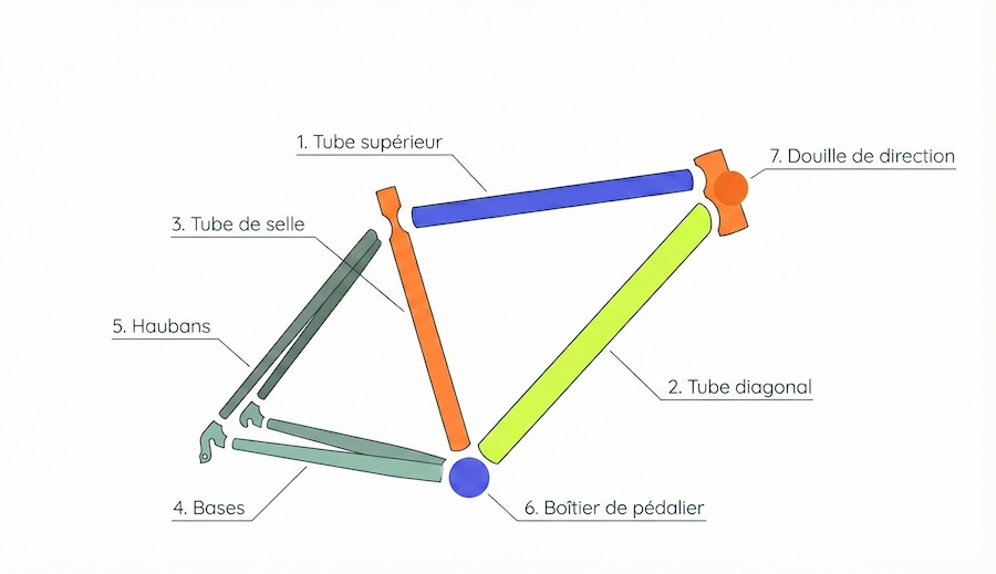 Schéma éclaté d'un cadre de vélo avec les noms de chaque tube : tube supérieur, tube diagonal, tube de selle, bases, haubans, boîtier de pédalier