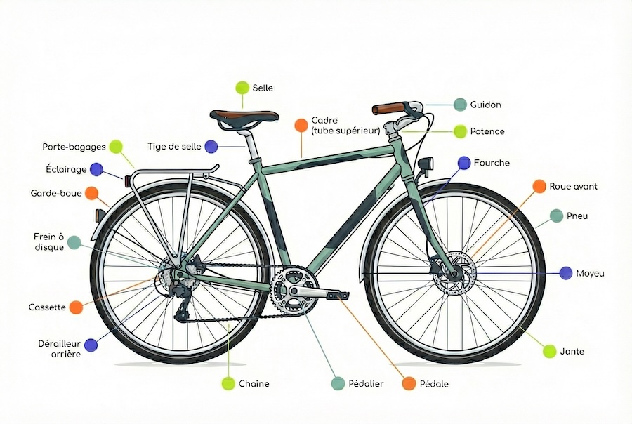 Schéma annoté des parties d'un vélo classique — vue d'ensemble avec légendes de toutes les pièces principales