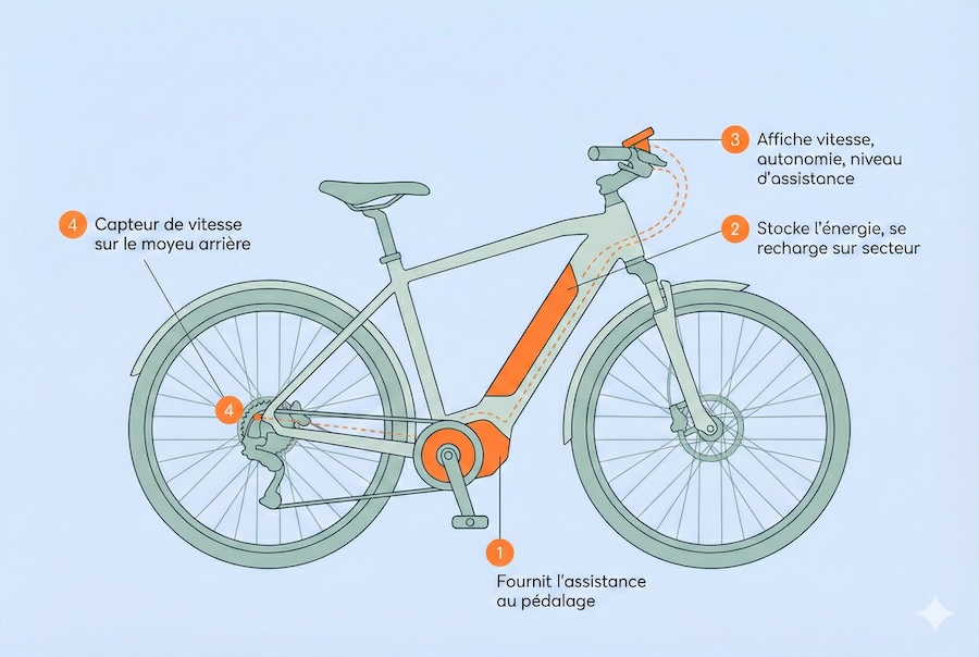 Schéma des composants électriques d'un VAE — moteur, batterie, console, capteurs