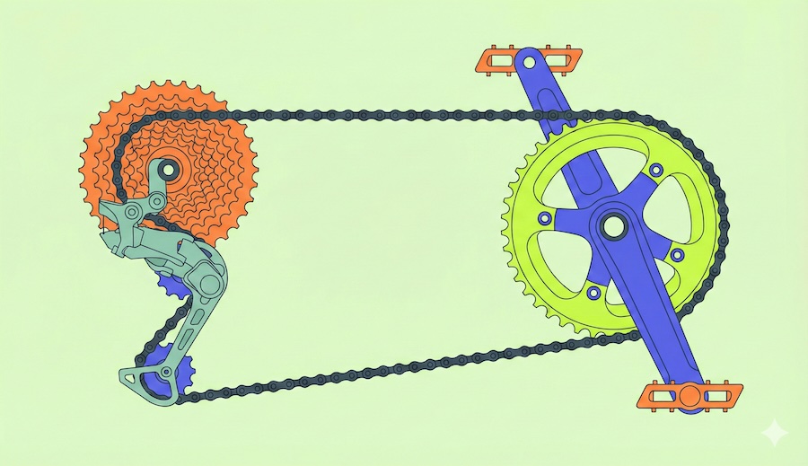 Schéma de la transmission vélo : pédalier, plateau, chaîne, cassette, dérailleur arrière et pédales