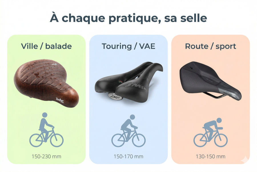 Comparatif visuel trois types de selles vélo ville balade touring VAE route sport avec largeurs recommandées