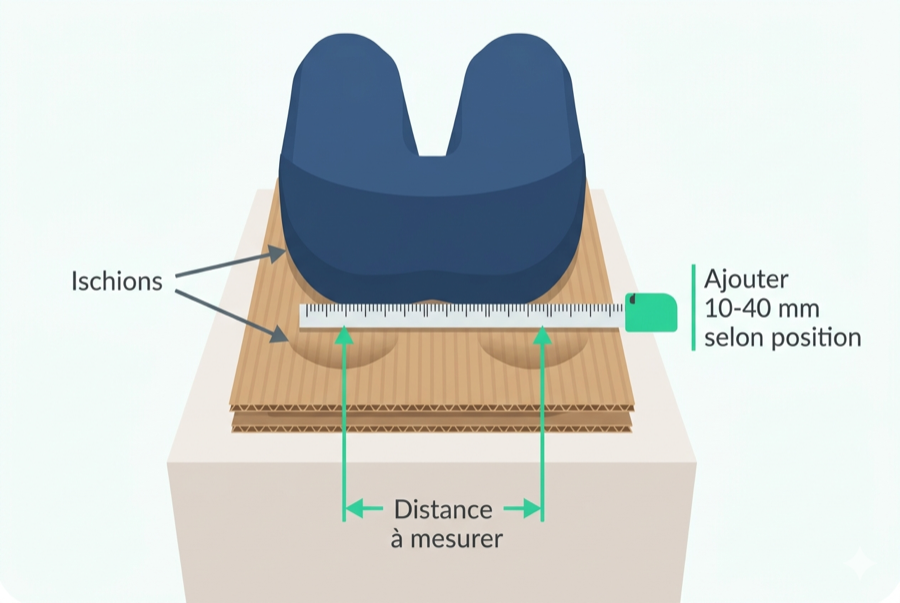 Schéma méthode carton pour mesurer la distance entre les ischions et choisir la largeur de selle vélo