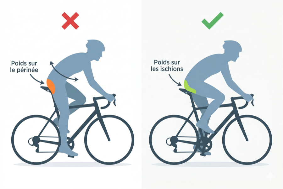 Schéma comparatif mauvaise et bonne position selle vélo pression périnée ischions