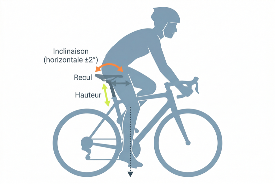 Schéma réglage selle vélo montrant les trois ajustements hauteur inclinaison et recul sur rails