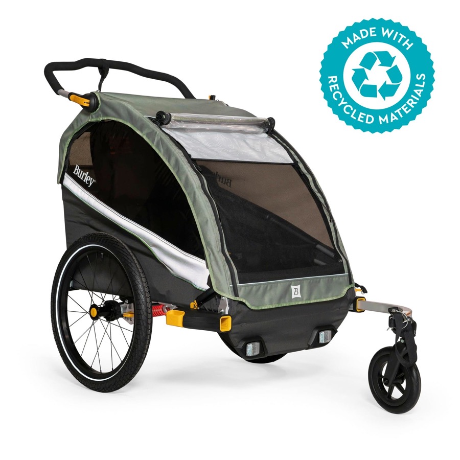 Remorque vélo enfant Burley D'Lite X 2 places vert sauge avec siège inclinable, marque américaine durable