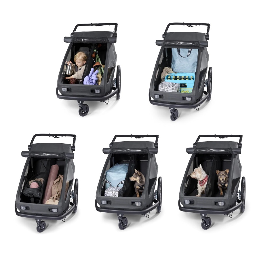 Cinq configurations modulaires de la remorque Croozer Kid Yuuna 2 : enfant, courses, siège bébé, chien, deux chiens