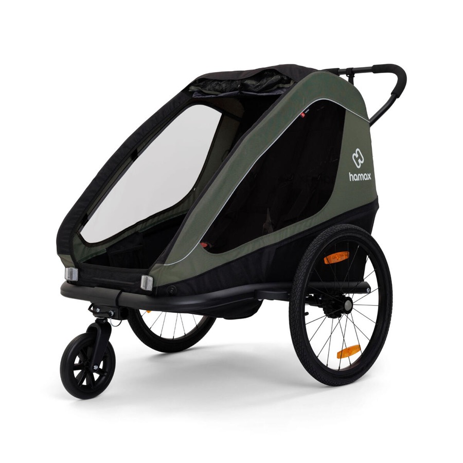 Remorque vélo enfant Hamax iXplorer 2 places vert kaki, capote convertible poussette avec roue avant
