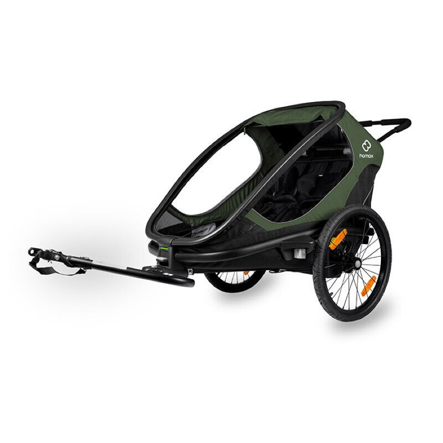 Remorque vélo enfant Hamax Outback 2 places couleur vert kaki, capote large et roues 20 pouces