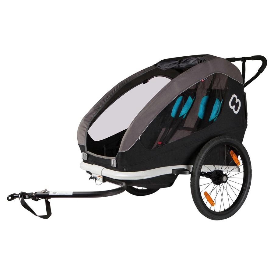 Remorque vélo enfant Hamax Traveller 2 places, modèle léger 13 kg, harnais 5 points bleu turquoise