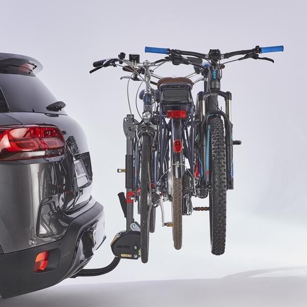 Porte-vélo Mottez Hercule 3 Elec suspendu sur attelage pour 3 vélos électriques avec antivol intégré