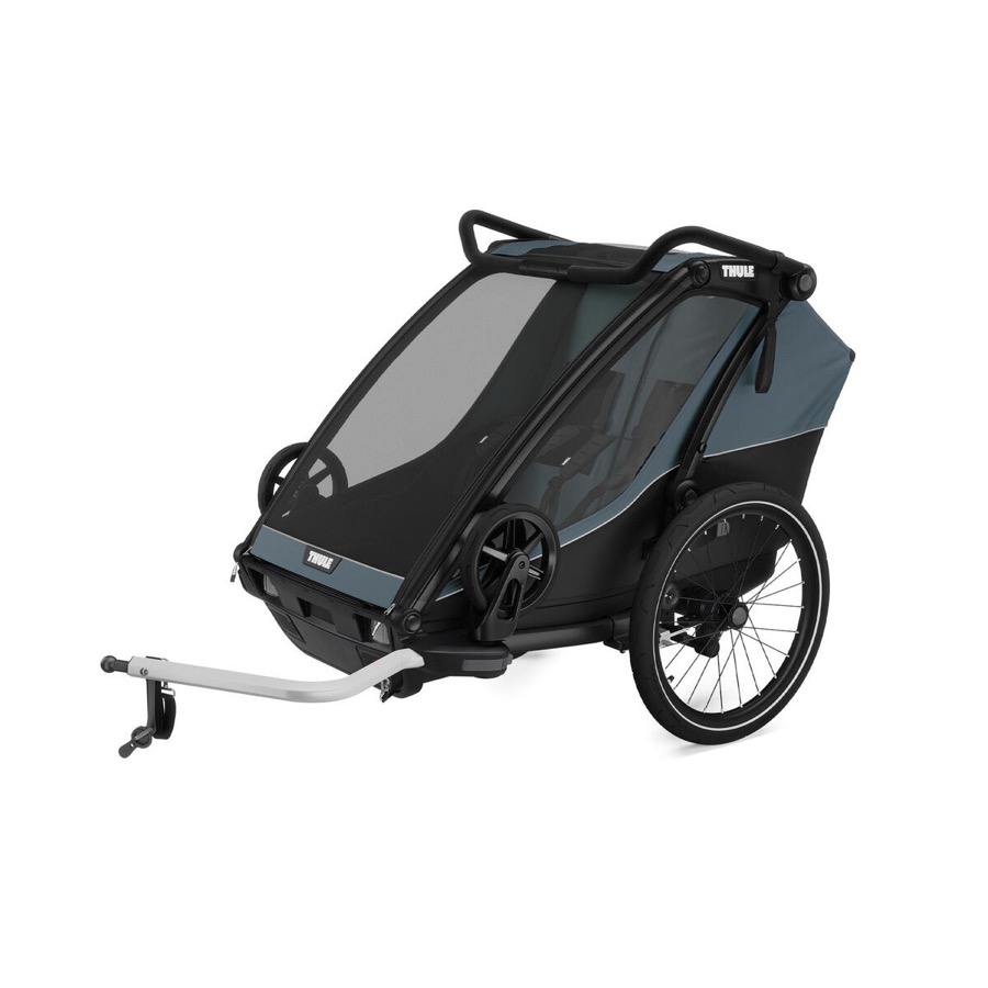 Remorque vélo enfant Thule Chariot Cab 2 deux places, capote bleu navy, châssis aluminium et bras d'attelage