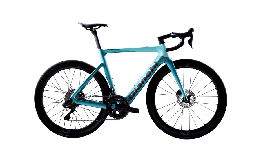 Vélo de route électrique Bianchi E-Oltre céleste, cintre course