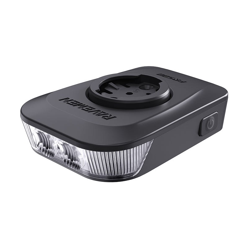 Feu avant vélo Ravemen FR500 : boîtier noir à double LED avec support compatible compteurs Garmin