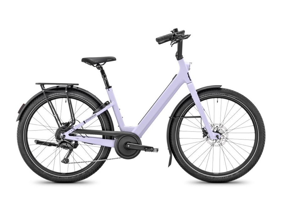 Moustache Lundi 27, vélo électrique urbain à moteur de moyeu Bosch Hub Line et cadre bas, coloris lavande