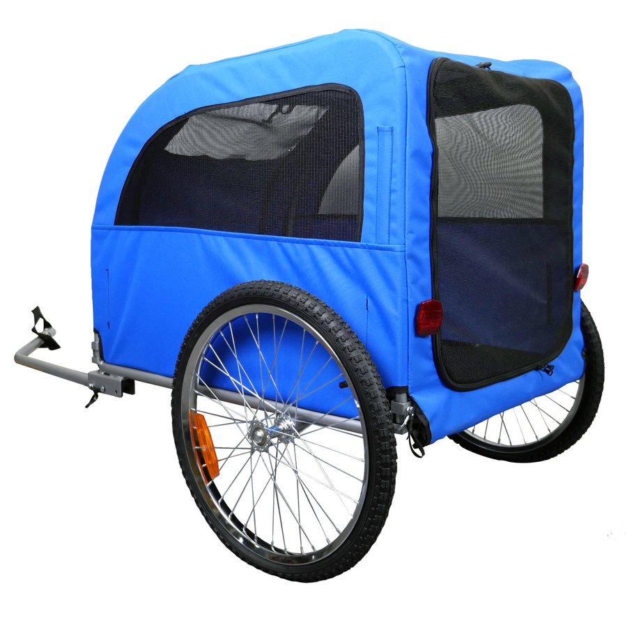 Remorque vélo chien Add One à bâche bleue, avec fenêtres en moustiquaire et timon d'attelage