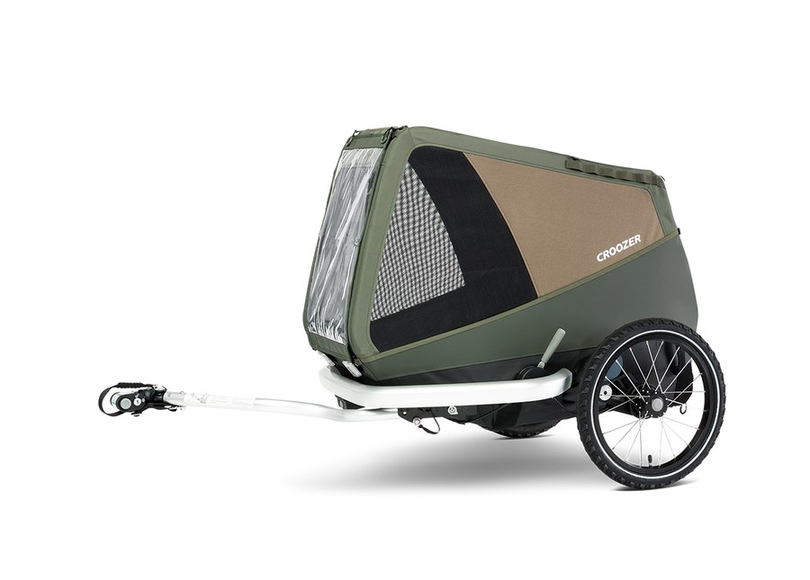 Remorque vélo chien Croozer Dog Enna verte et beige avec son bras d'attelage